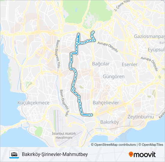 BAKIRKÖY-ŞIRINEVLER-İSTOÇ-İKITELLI minibüs / dolmuş Hattı Haritası