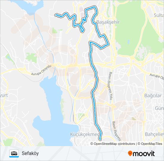 SEFAKÖY-HALKALI-BAŞAKŞEHIR ÇSŞH-KAYAŞEHIR minibüs / dolmuş Hattı Haritası