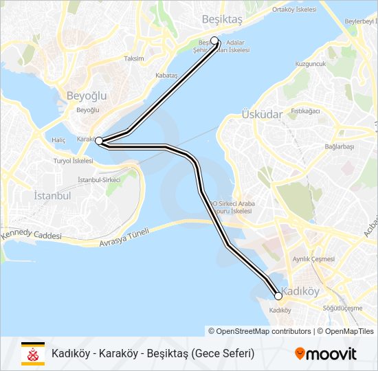 KADIKÖY - KARAKÖY - BEŞIKTAŞ (GECE SEFERI) vapur Hattı Haritası