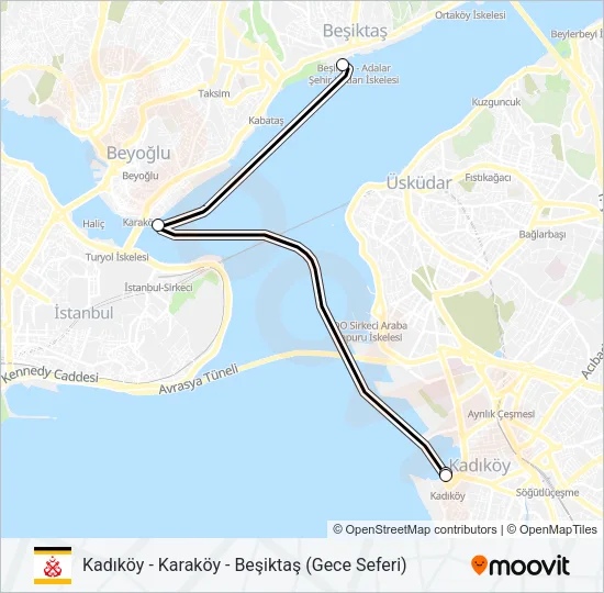 KADIKÖY - KARAKÖY - BEŞIKTAŞ (GECE SEFERI) vapur Hattı Haritası