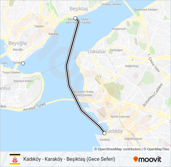 KADIKÖY - KARAKÖY - BEŞIKTAŞ (GECE SEFERI) vapur Hattı Haritası
