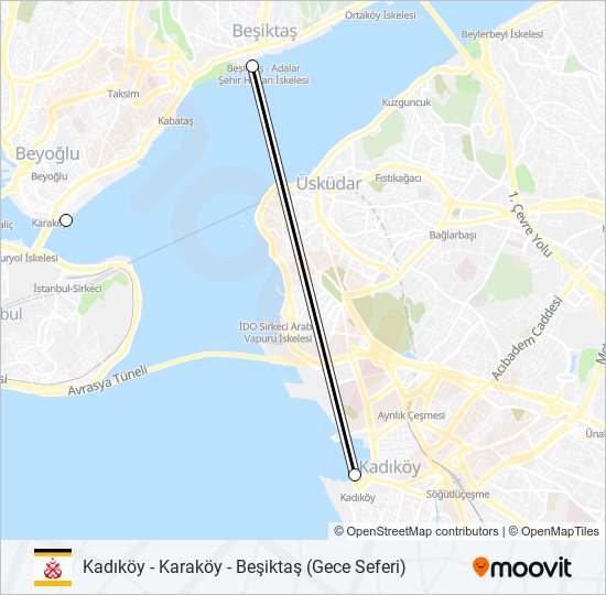 Kadıköy - Karaköy - Beşiktaş (Gece Seferi) vapur Hattı Haritası