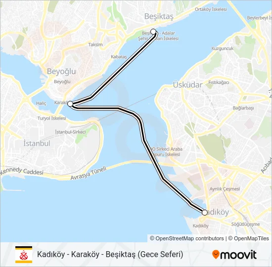 KADIKÖY - KARAKÖY - BEŞIKTAŞ (GECE SEFERI) vapur Hattı Haritası