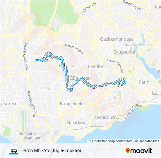TOPKAPI-ATEŞTUĞLA-EVREN MH. Dolmus & Minibus Line Map