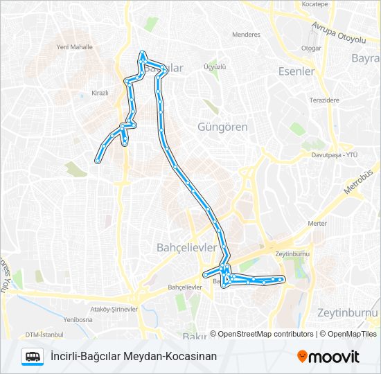 İNCIRLI-BAĞCILAR MEYDAN-KOCASINAN minibüs / dolmuş Hattı Haritası