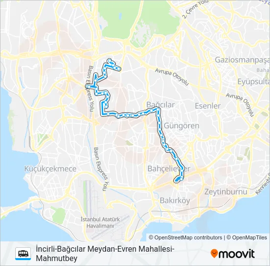 İNCIRLI-BAĞCILAR MEYDAN-EVREN MAHALLESI-MAHMUTBEY Dolmus & Minibus Line Map