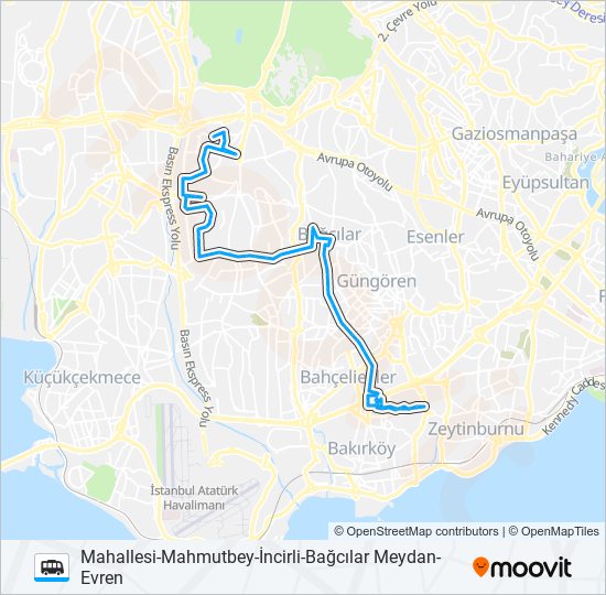 İNCIRLI-BAĞCILAR MEYDAN-EVREN MAHALLESI-MAHMUTBEY minibüs / dolmuş Hattı Haritası