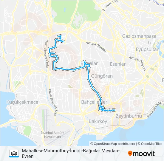 İNCIRLI-BAĞCILAR MEYDAN-EVREN MAHALLESI-MAHMUTBEY Dolmus & Minibus Line Map