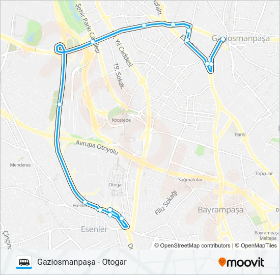 GAZIOSMANPAŞA - OTOGAR minibüs / dolmuş Hattı Haritası