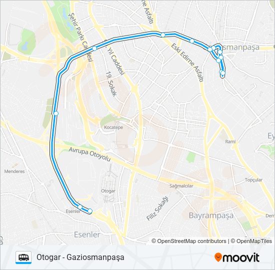 GAZIOSMANPAŞA - OTOGAR minibüs / dolmuş Hattı Haritası
