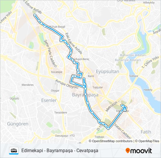 CEVATPAŞA - BAYRAMPAŞA - EDIRNEKAPI minibüs / dolmuş Hattı Haritası