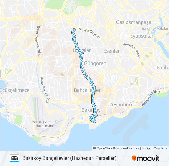 BAKIRKÖY-BAHÇELIEVLER (HAZNEDAR- PARSELLER) minibüs / dolmuş Hattı Haritası