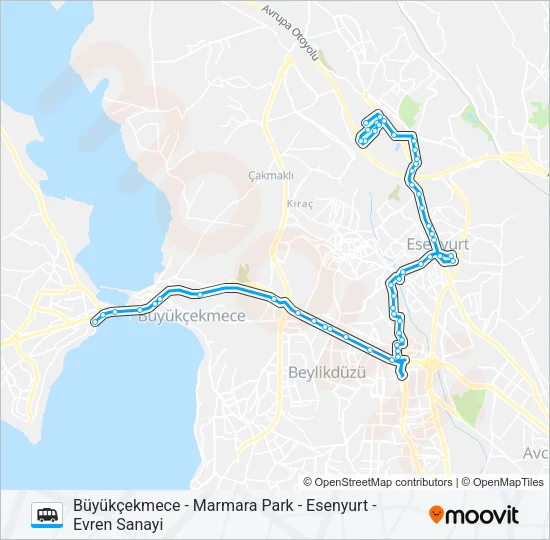 BÜYÜKÇEKMECE - MARMARA PARK - ESENYURT - EVREN SANAYI Dolmus & Minibus Line Map