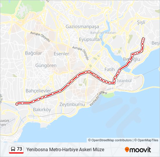 73 otobüs Hattı Haritası