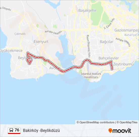 76 otobüs Hattı Haritası