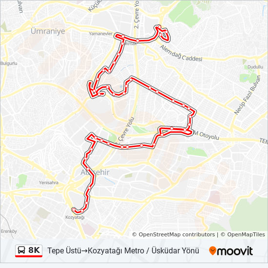 8k guzergahi saatleri duraklari ve haritasi tepe ustu kozyatagi metro uskudar yonu