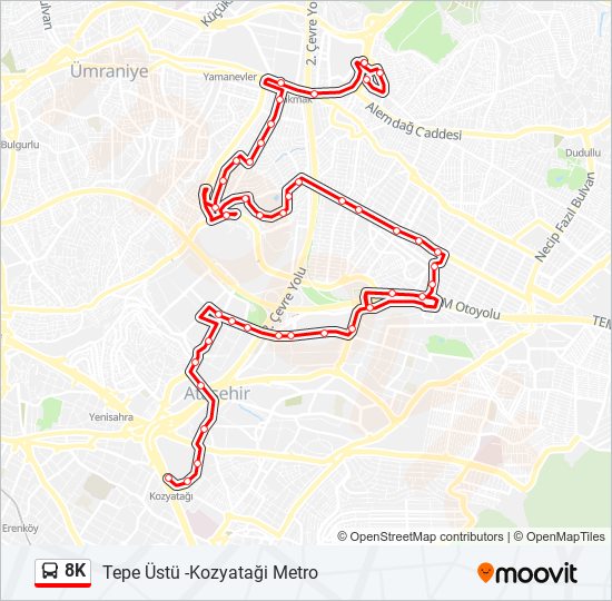 8K otobüs Hattı Haritası