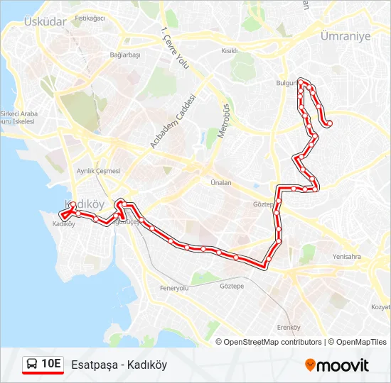 10E otobüs Hattı Haritası