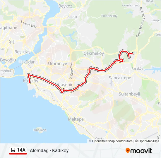14A otobüs Hattı Haritası