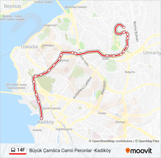 14F otobüs Hattı Haritası