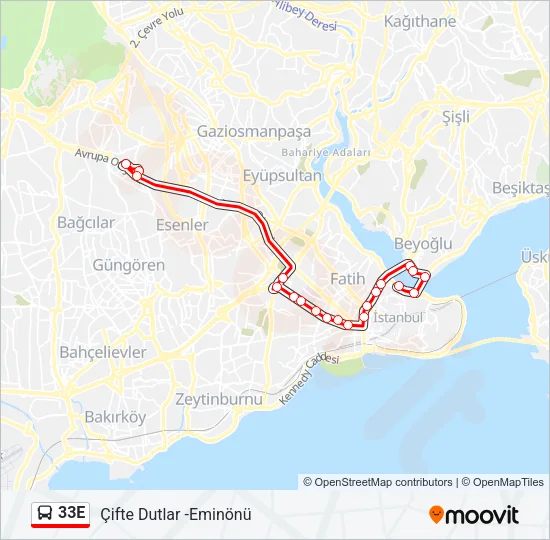 33E otobüs Hattı Haritası