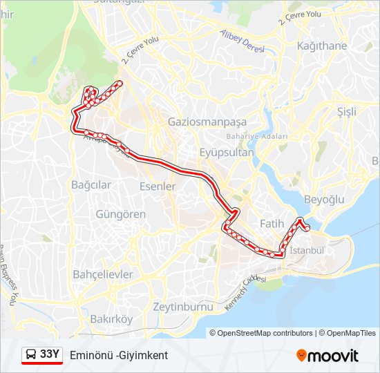 33Y otobüs Hattı Haritası