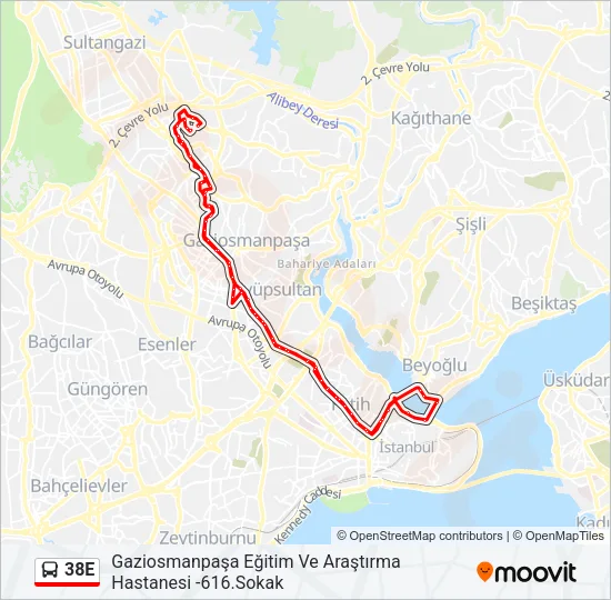 38E otobüs Hattı Haritası