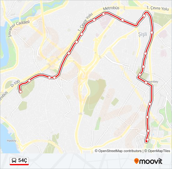 54Ç otobüs Hattı Haritası
