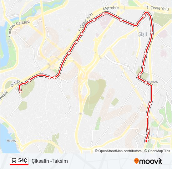 54Ç otobüs Hattı Haritası