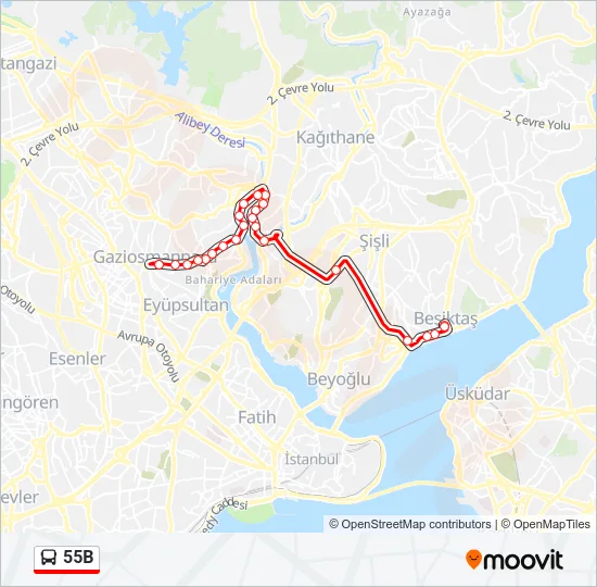 55B otobüs Hattı Haritası