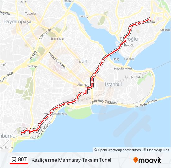 80T otobüs Hattı Haritası