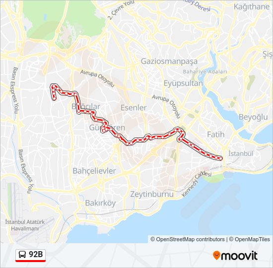 92B otobüs Hattı Haritası