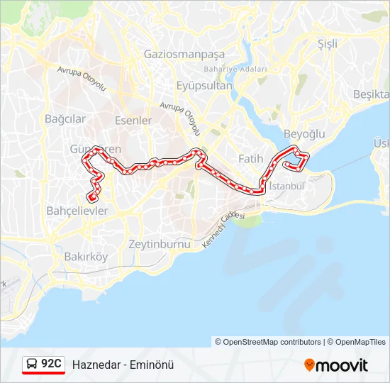 92C otobüs Hattı Haritası