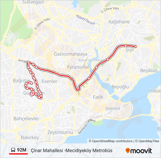 92M otobüs Hattı Haritası