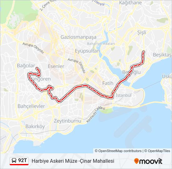 92T otobüs Hattı Haritası