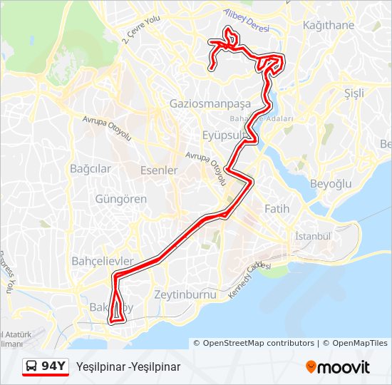 94Y otobüs Hattı Haritası