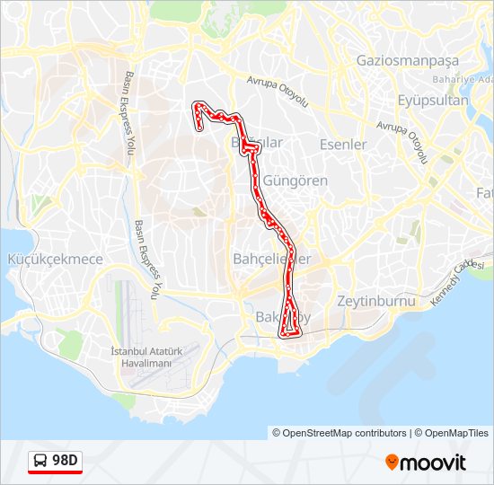 98D otobüs Hattı Haritası
