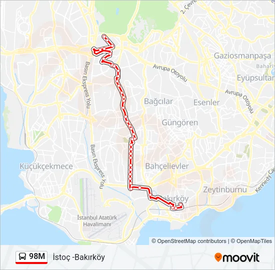 98M otobüs Hattı Haritası