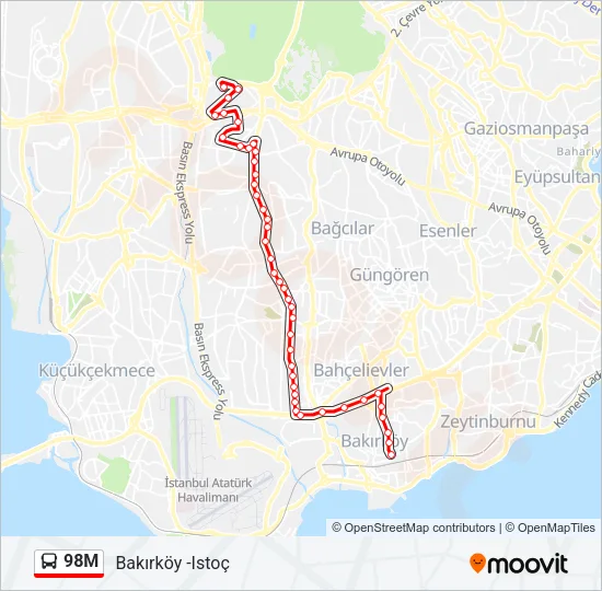98M otobüs Hattı Haritası