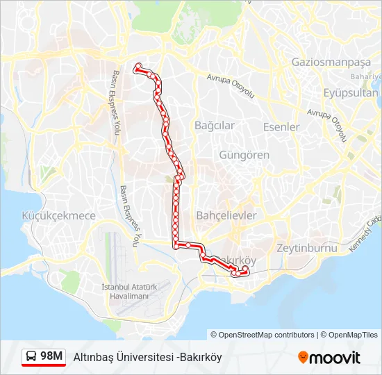 98M otobüs Hattı Haritası