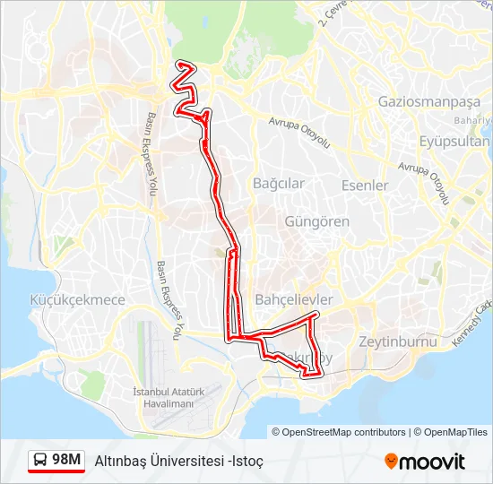 98M otobüs Hattı Haritası