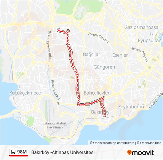 98M otobüs Hattı Haritası