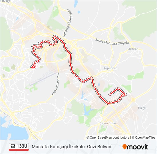 133Ü otobüs Hattı Haritası