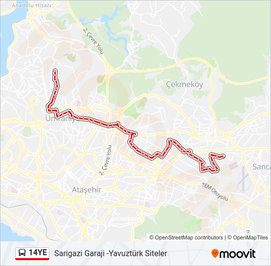 14YE otobüs Hattı Haritası