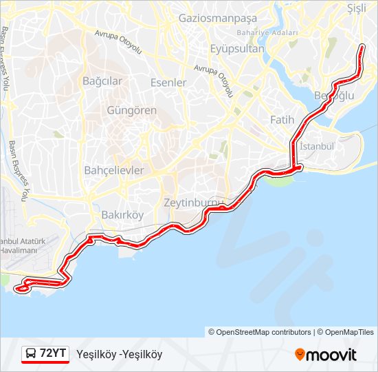 72YT otobüs Hattı Haritası