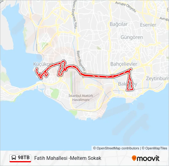 98TB otobüs Hattı Haritası