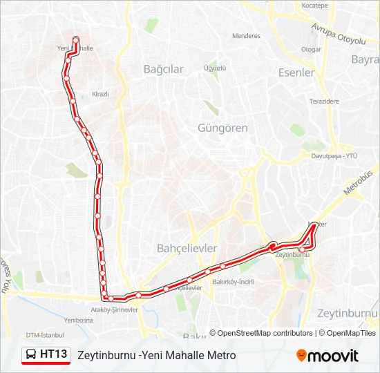 HT13 otobüs Hattı Haritası