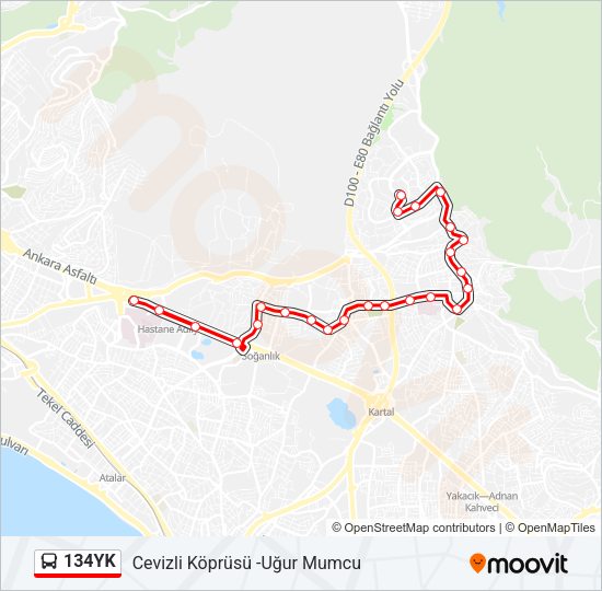 134YK otobüs Hattı Haritası