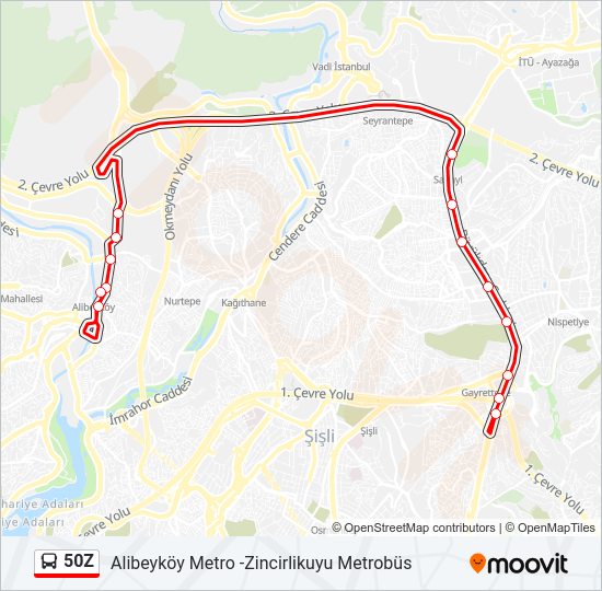 50Z otobüs Hattı Haritası