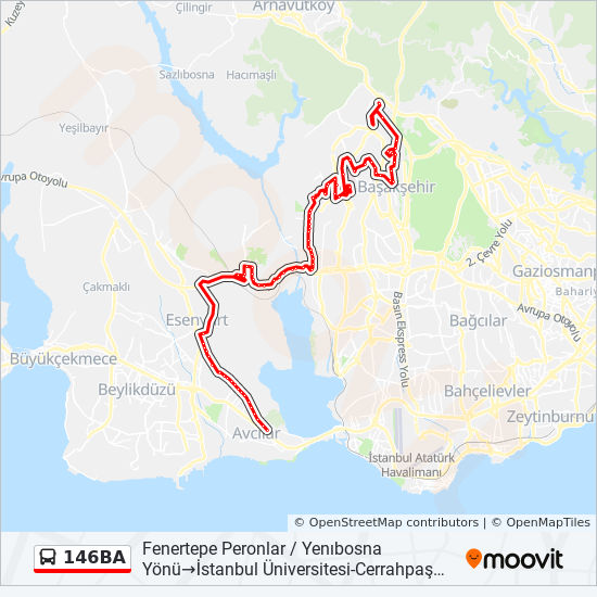 146ba guzergahi saatleri duraklari ve haritasi fenertepe peronlar yenibosna yonu istanbul universitesi cerrahpasa avcilar kampusu